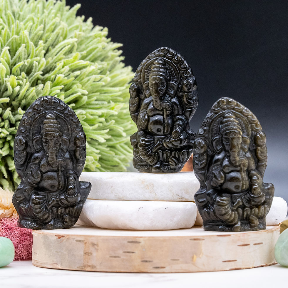 Miniatura: Gold Obsidian Crystal Ganesha Figurine Hindu Prayer Pocket Stone Black Crystal