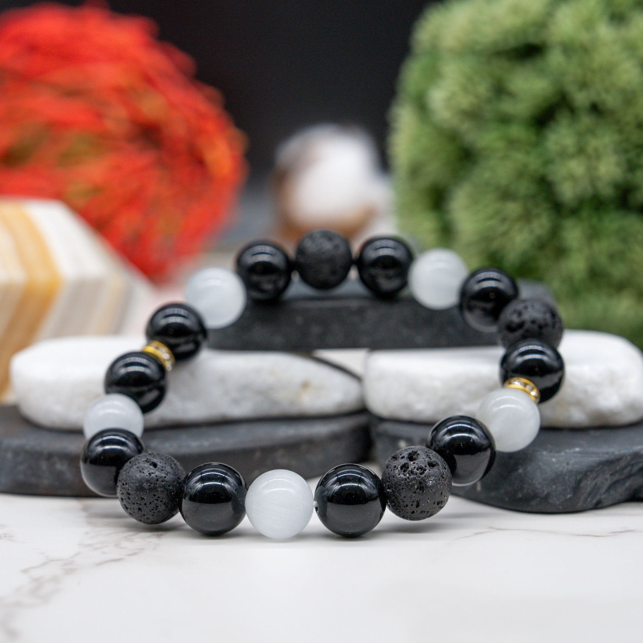 Obsidian Selenite Lava Rock Round Beaded Bracelet Crystal Healing Jewelry Gift