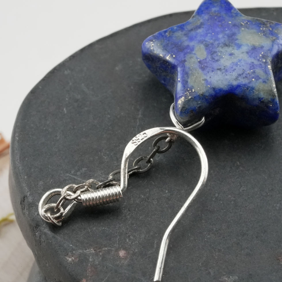 Thumbnail: Lapis Lazuli Crystal Jewelry 925 Silver Puffy Star Celestial Hanging Earrings