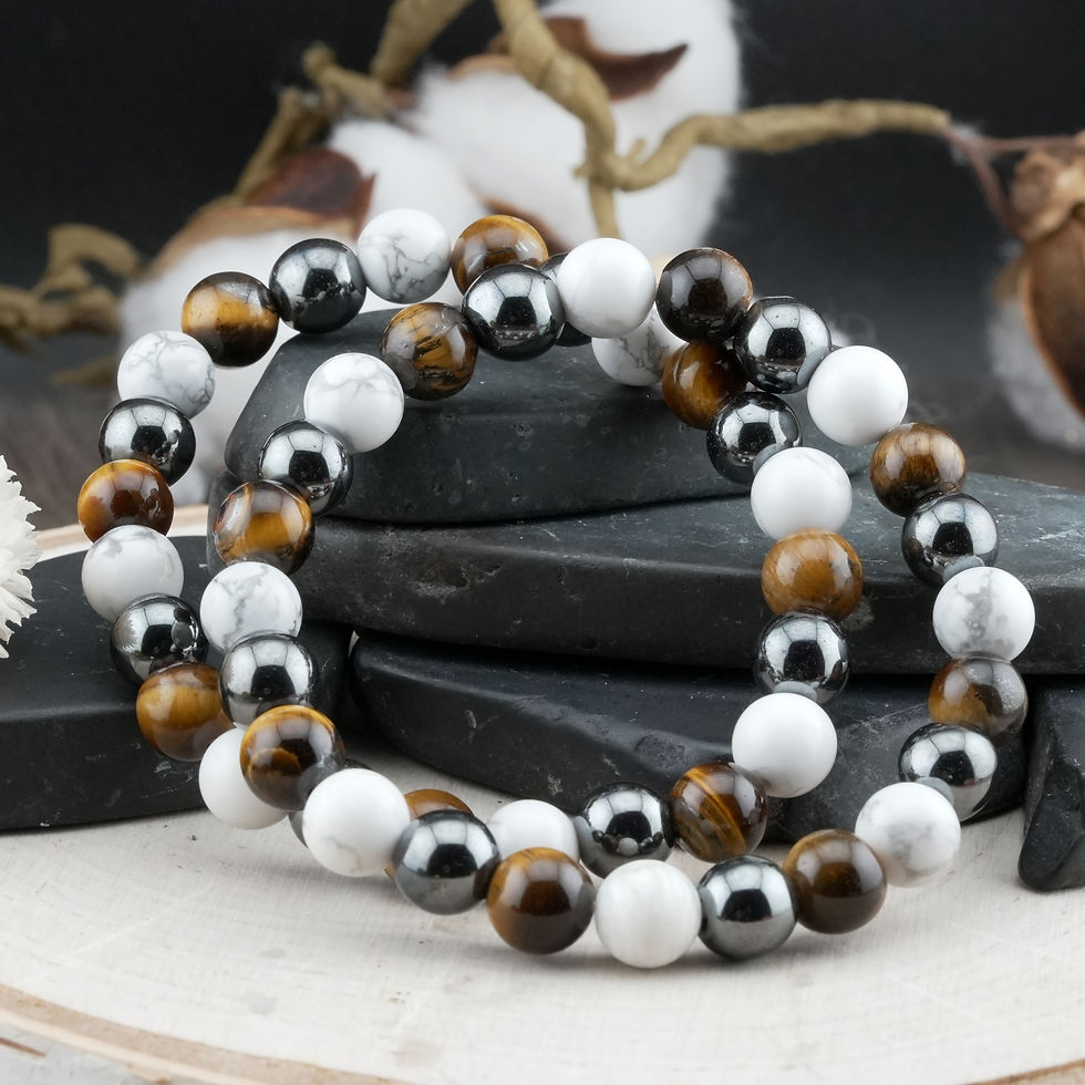 Thumbnail: Howlite Hematite Tigers Eye Beaded Boho Bracelet Crystal Grounding Jewelry Gift