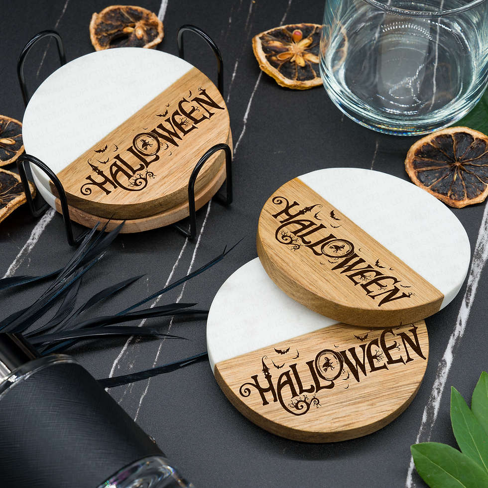 Thumbnail: Custom Engraved Coaster Set Personalized Seasonal Decor Halloween Kitchen Gift