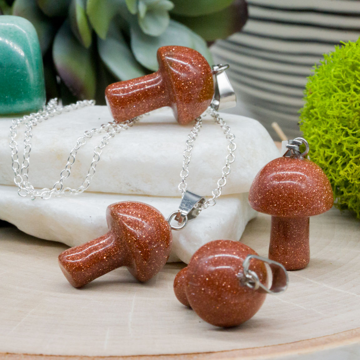 Gold Sandstone Silver Plated Alloy Mushroom Pendant Crystal Jewelry Gift
