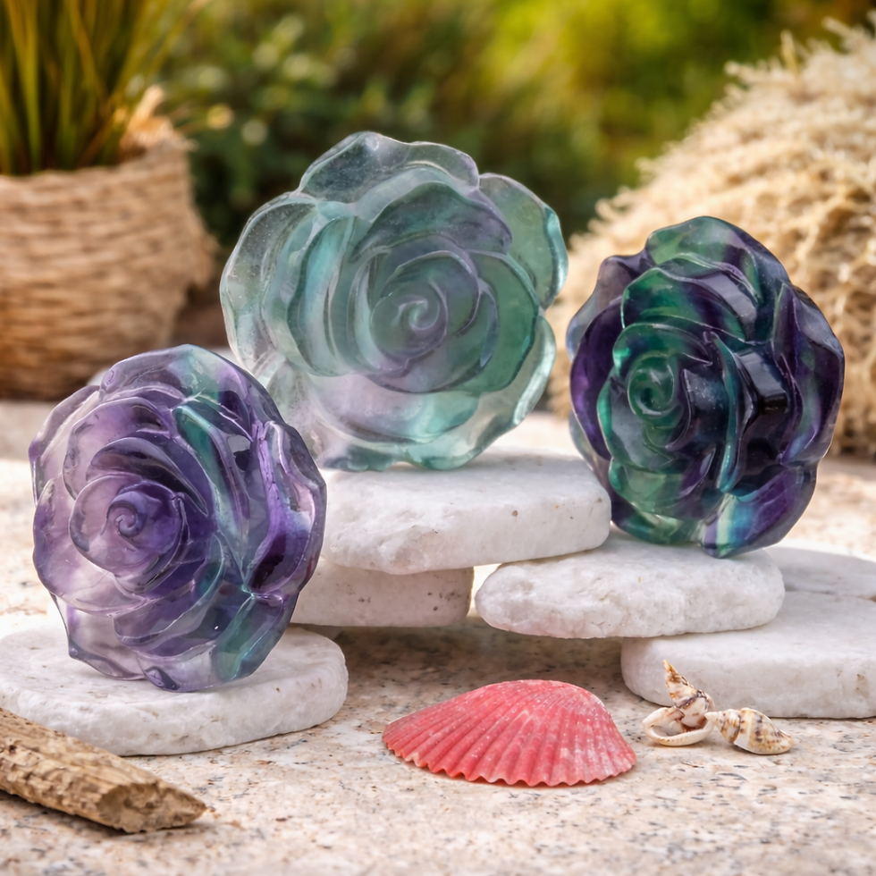 Miniatura: Rainbow Fluorite Crystal Rose Flower Carving Stone Healing Protection Love Stone