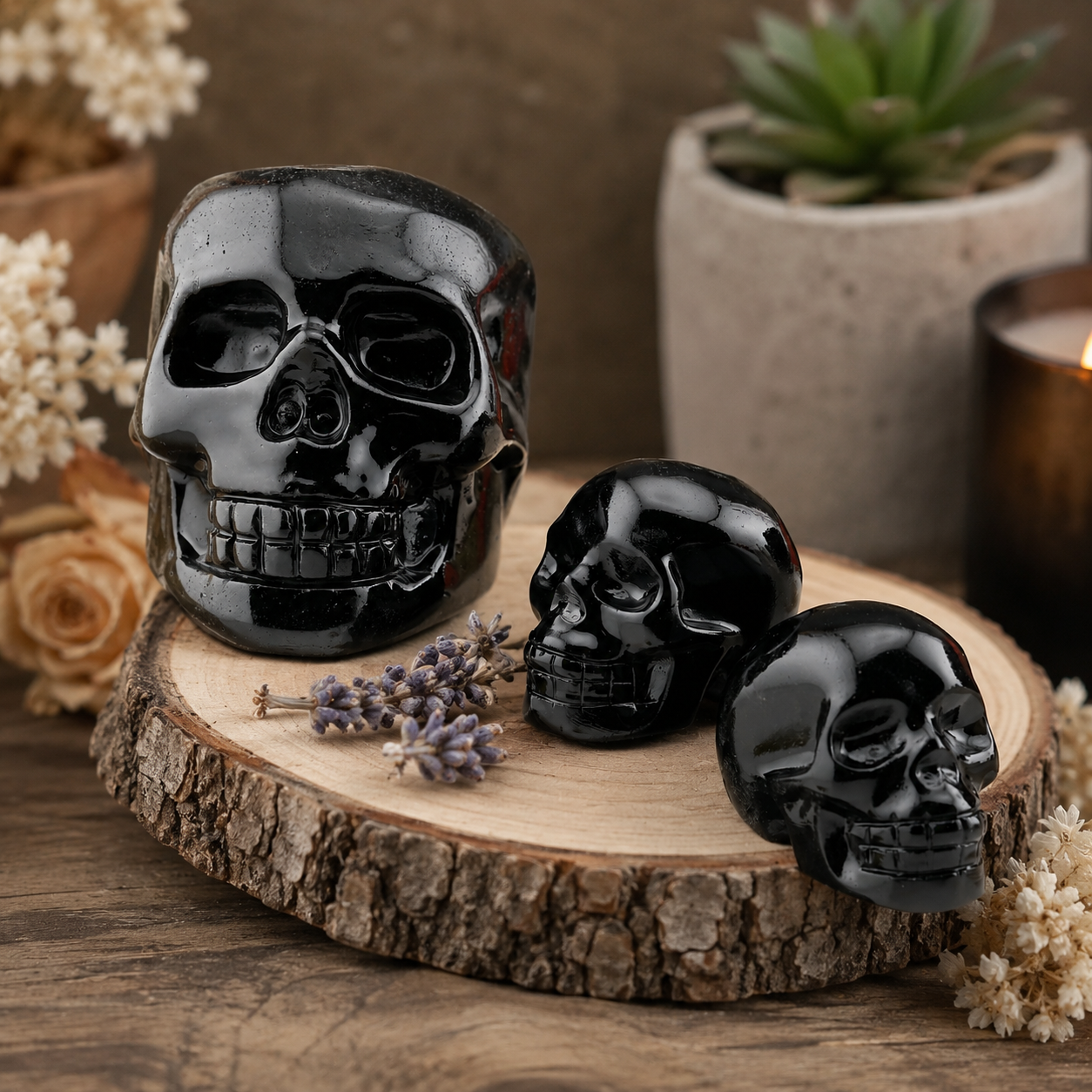 Natural Black Obsidian Crystal Skull Carving Memorial Altar Stone Figurine Decor