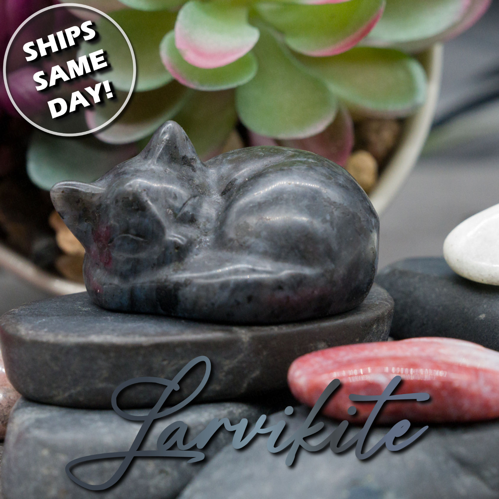 Larvikite Crystal Black Sleeping Cat Carving Halloween Home Decor Figurine