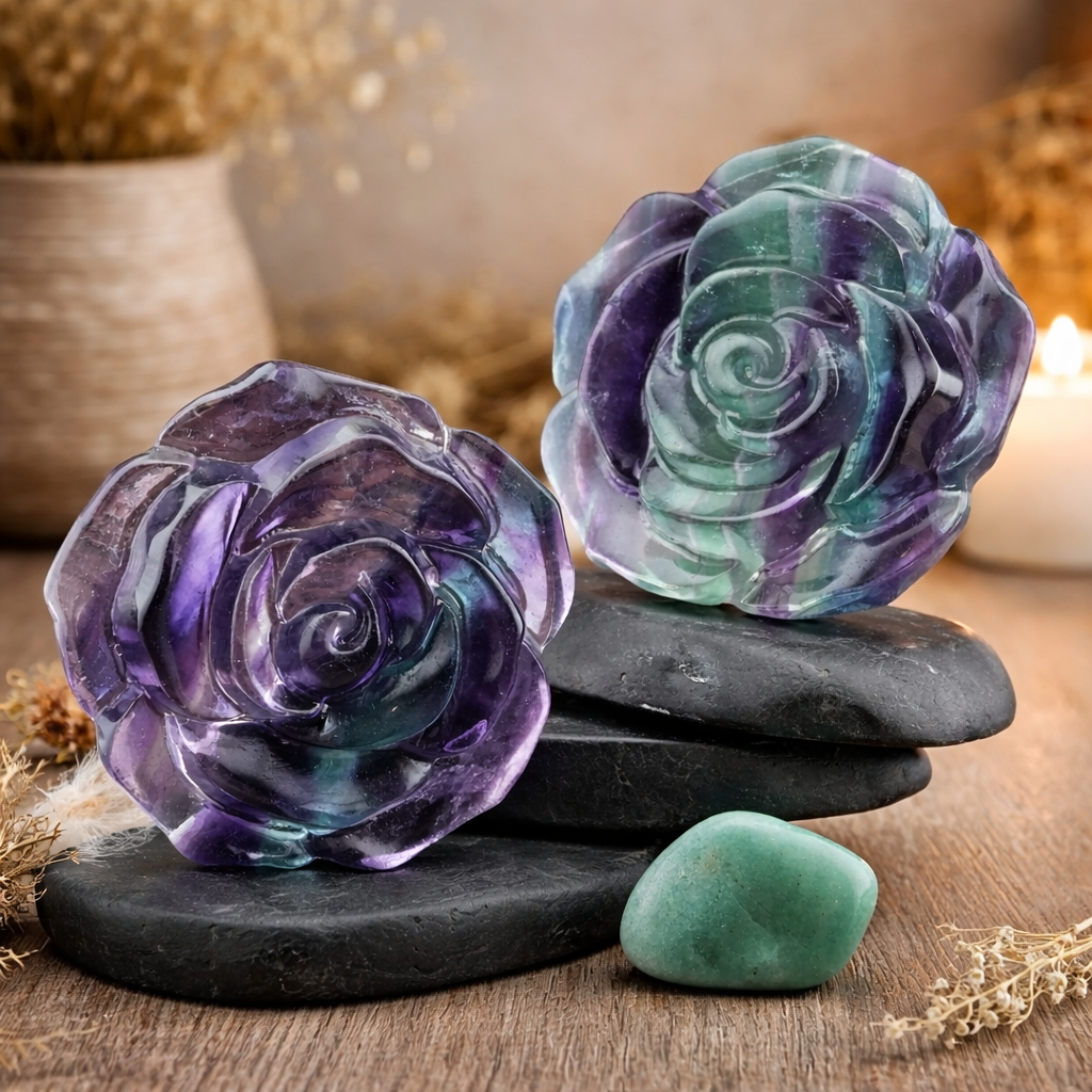 Rainbow Fluorite Crystal Rose Flower Carving Stone Healing Protection Love Stone