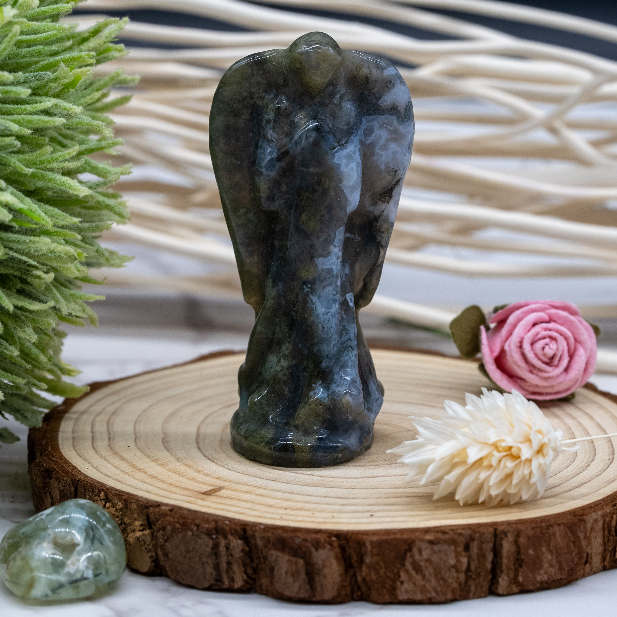 Moss Agate Crystal Guardian Angel Statue Spiritual Energy Trinket Decor Gift