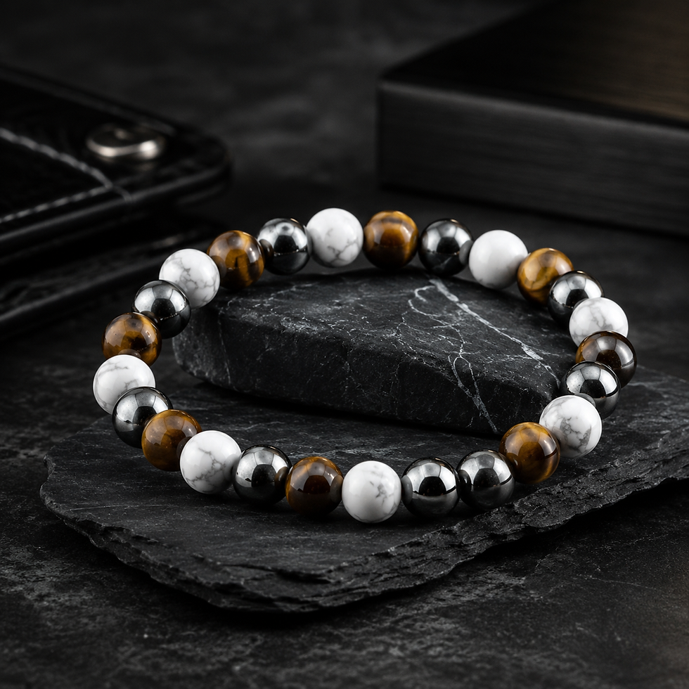Thumbnail: Howlite Hematite Tigers Eye Beaded Boho Bracelet Crystal Grounding Jewelry Gift