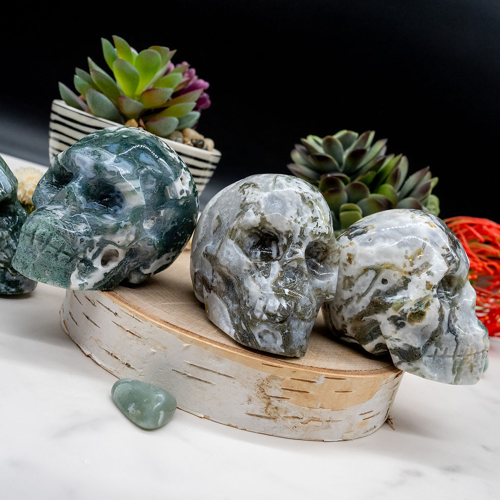 Miniatura: Moss Agate Natural Crystal Skull Carving Figurine Home Decor Stone Green Crystal