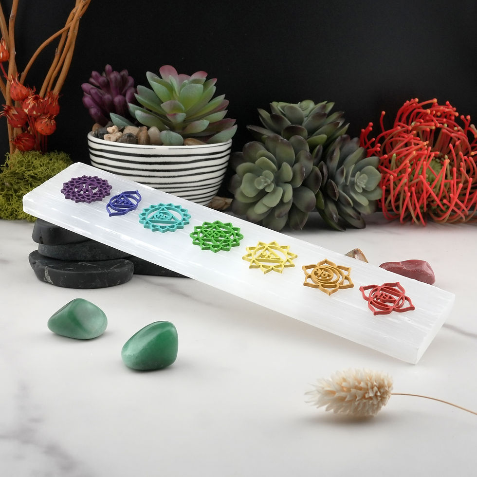 Miniatura: Selenite Rainbow Chakra Symbols Rectangle Plate Crystal Spiritual Decor Gift