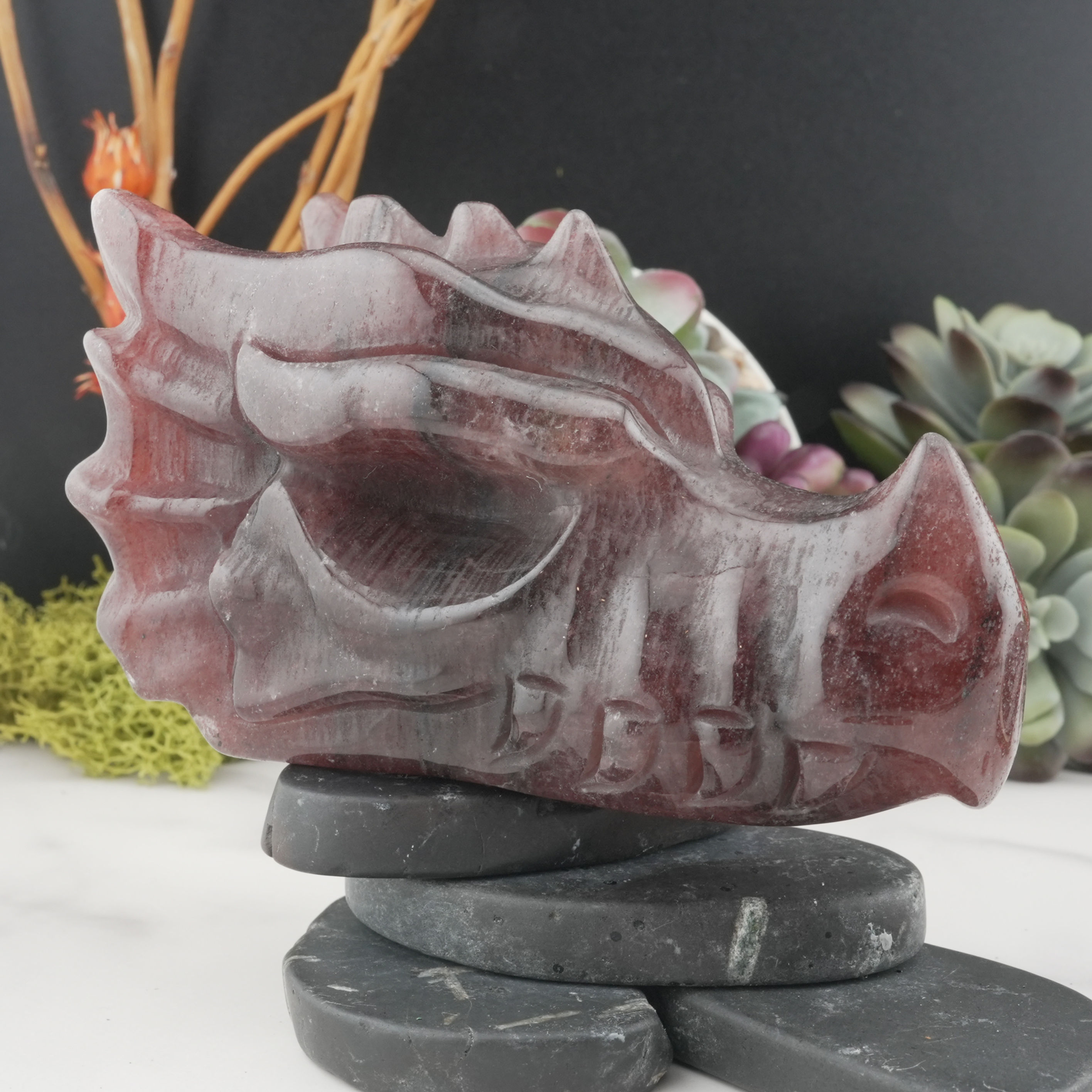 Strawberry Quartz Dragon Head Crystal Sculpture Mystical Decor Protection Gift