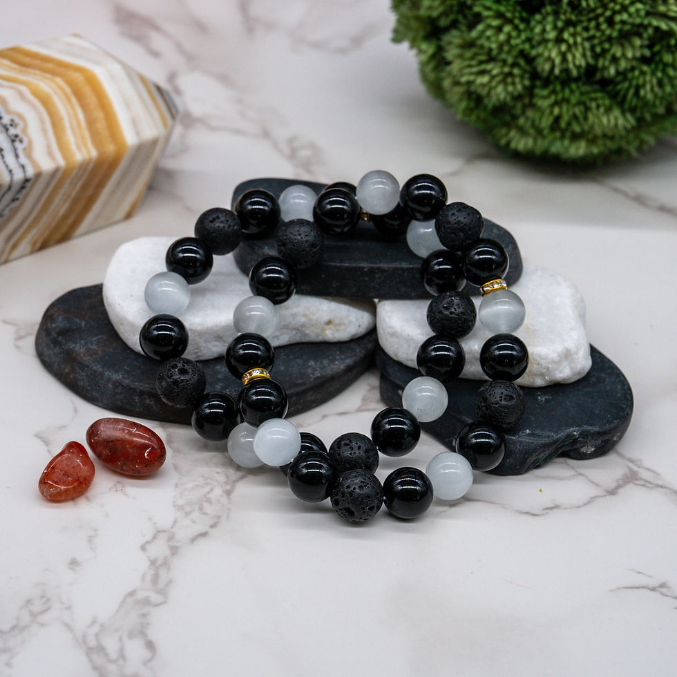 Thumbnail: Obsidian Selenite Lava Rock Round Beaded Bracelet Crystal Healing Jewelry Gift