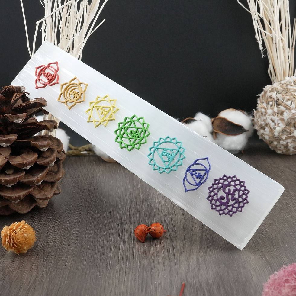 Miniatura: Selenite Rainbow Chakra Symbols Rectangle Plate Crystal Spiritual Decor Gift