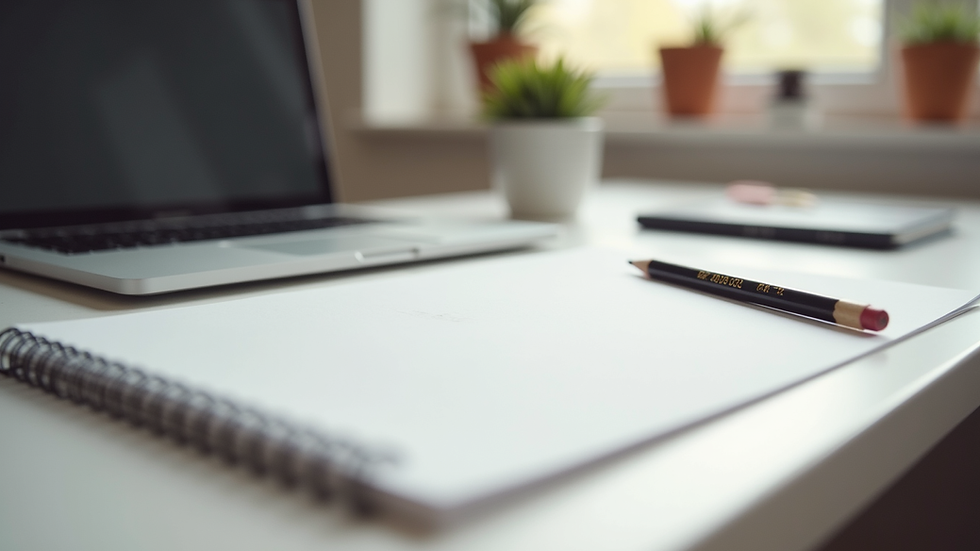 Eye-level view of a minimalist workspace with a sketchbook and pencil