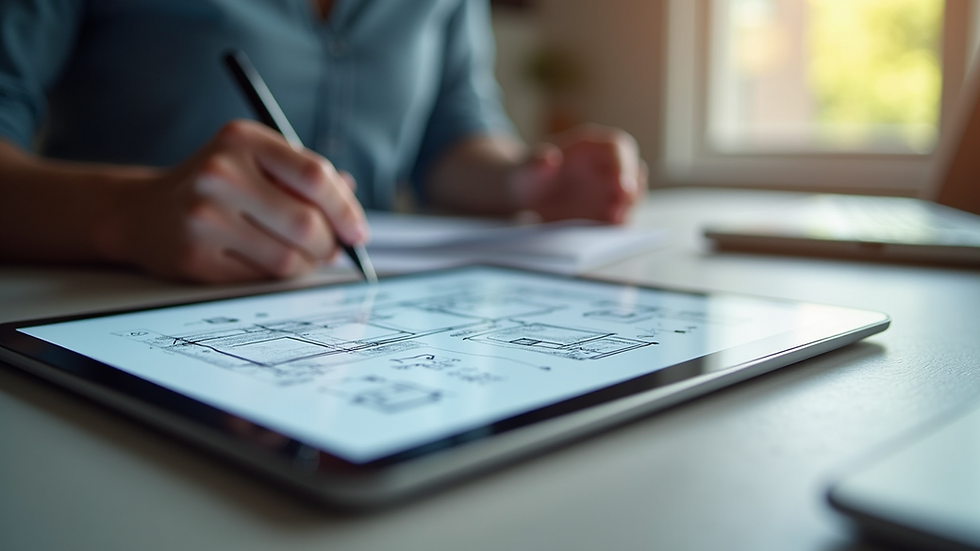 Close-up view of a digital tablet displaying UX wireframe sketches
