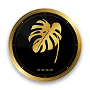 Gold monstera leaf logo in a circular frame