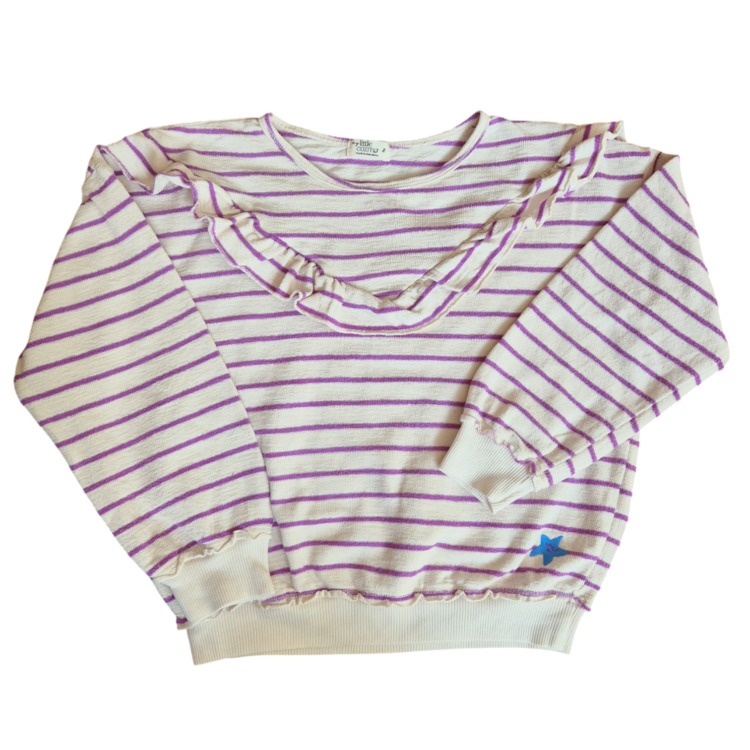 MY LITTLE COZMO Pullover Frottee creme lila gestreift Rüschen 128