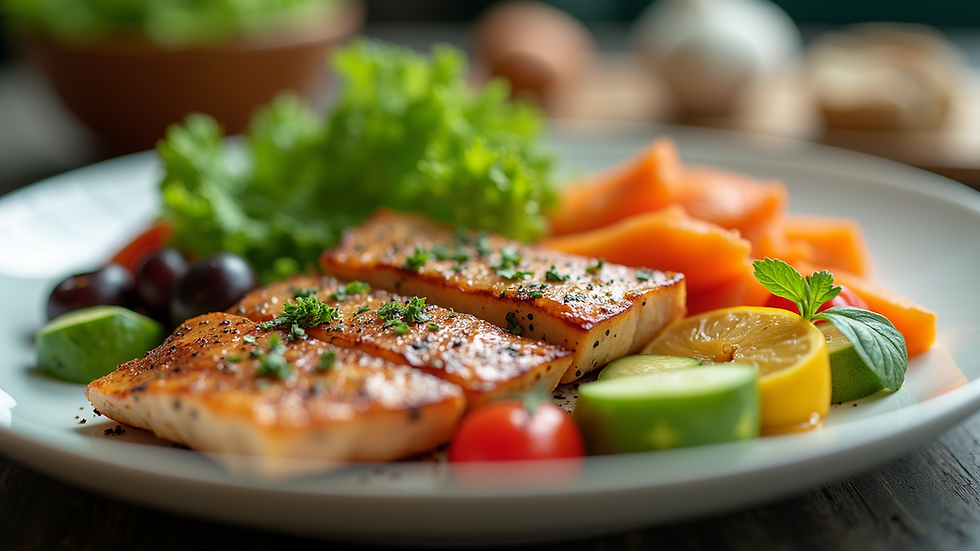Close-up view of a colourful plate with fresh vegetables and lean protein