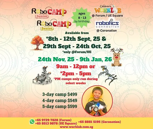 Childrens Worklab and Robotics Connection Robocamp JrSr September, October, December, Christmas & January Holiday Camps 2025-26