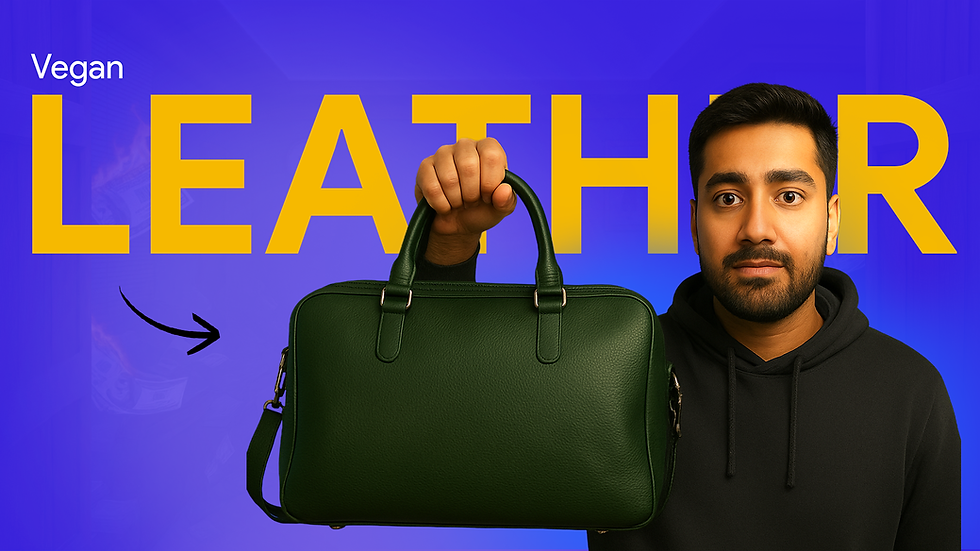 Man holding green vegan leather bag against blue backdrop. Large yellow text reads "Vegan LEATHER." Mood is serious and promotional.