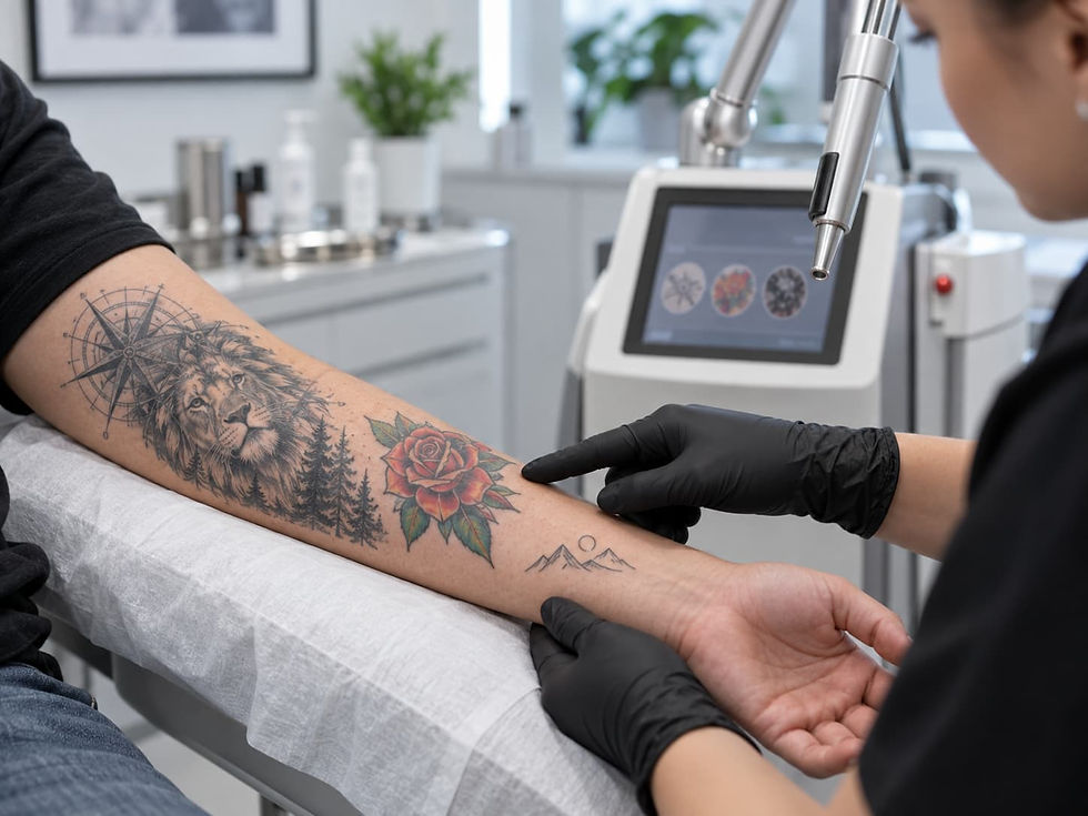 Tattoo removal consultation showing different tattoo types on a client’s arm with a laser device in a professional clinic.
