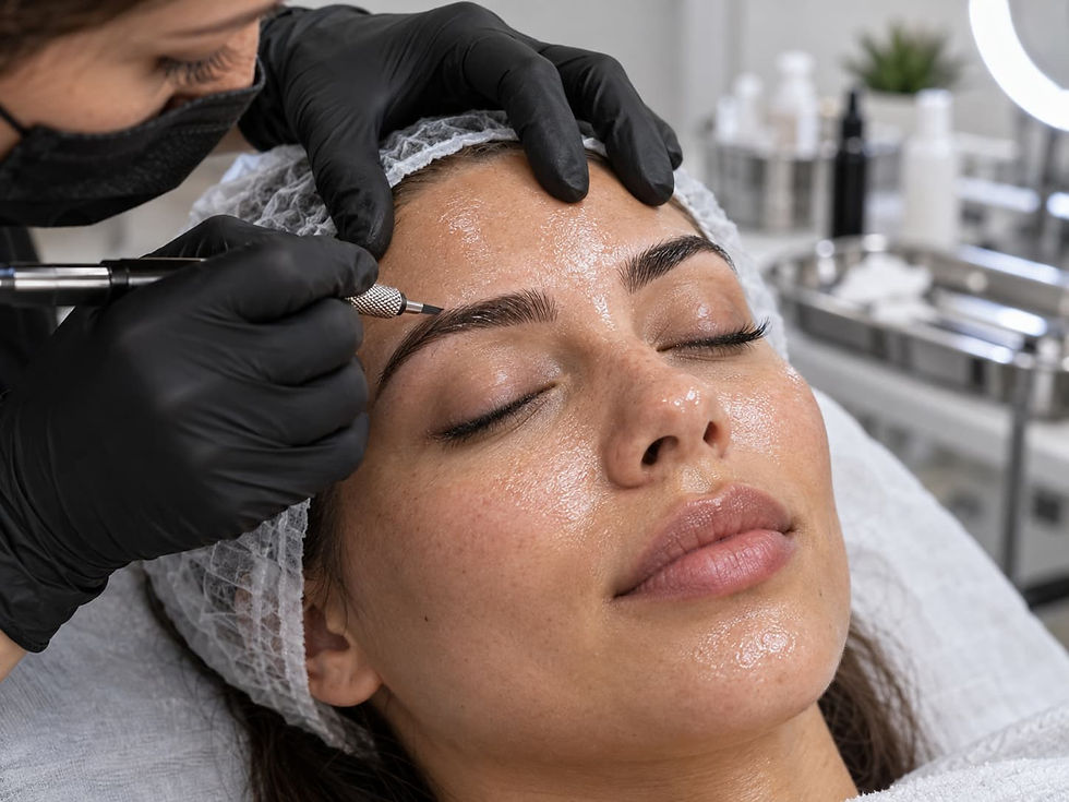 Microblading treatment for oily skin with a brow specialist working on a client’s eyebrow.