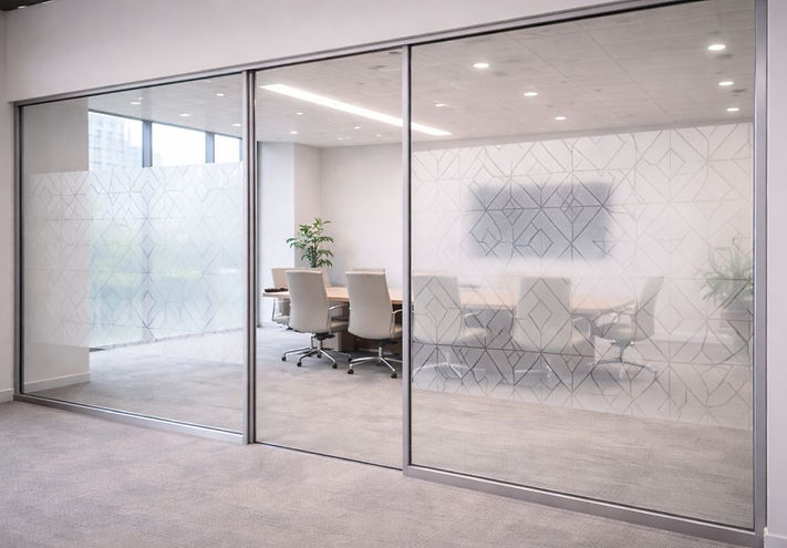 Sun Tint installs window glass graphics for offices in Louisville, KY, and Southern Indiana. This image shows a modern office with frosted decorative film applied to glass walls, adding privacy while allowing natural light to pass through. Sun Tint uses quality decorative films that improve office appearance and maintain glass clarity. Businesses in Lexington and Frankfort can request free estimates for custom glass graphics.