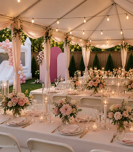Elegant tent reception with pink floral centerpieces, string lights, and a bounce house in the background