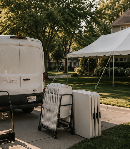 Opal & Oak delivery van unloading tables and chairs at a Chicago event setup
