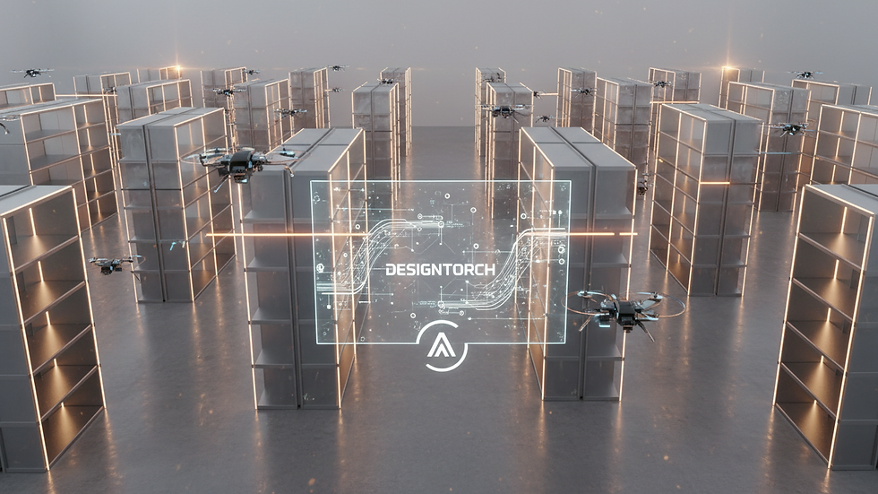 High angle view of a warehouse with AI-powered inventory management system