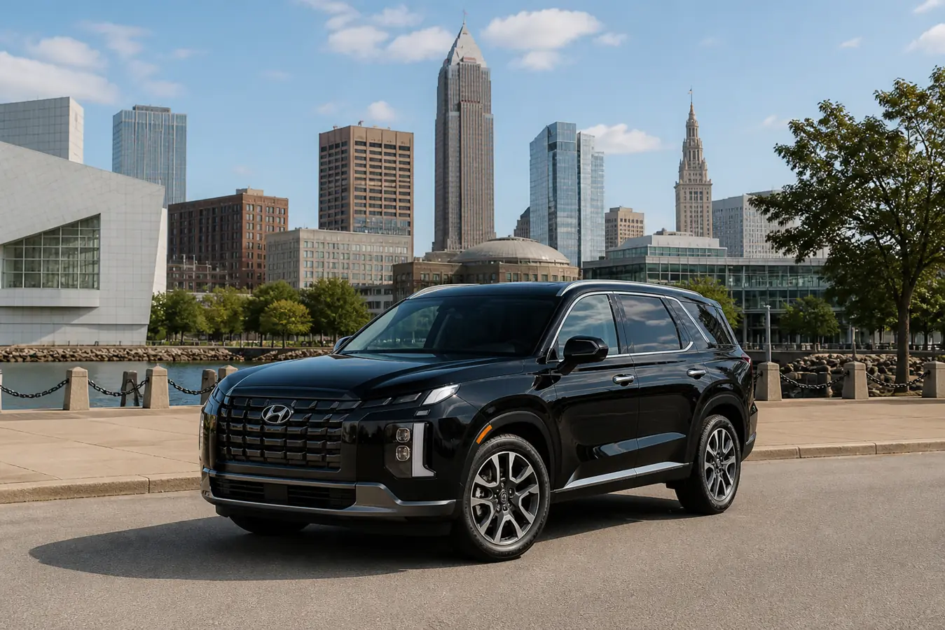 Black 2021 Hyundai Palisade Calligraphy parked in Downtown Cleveland during daytime