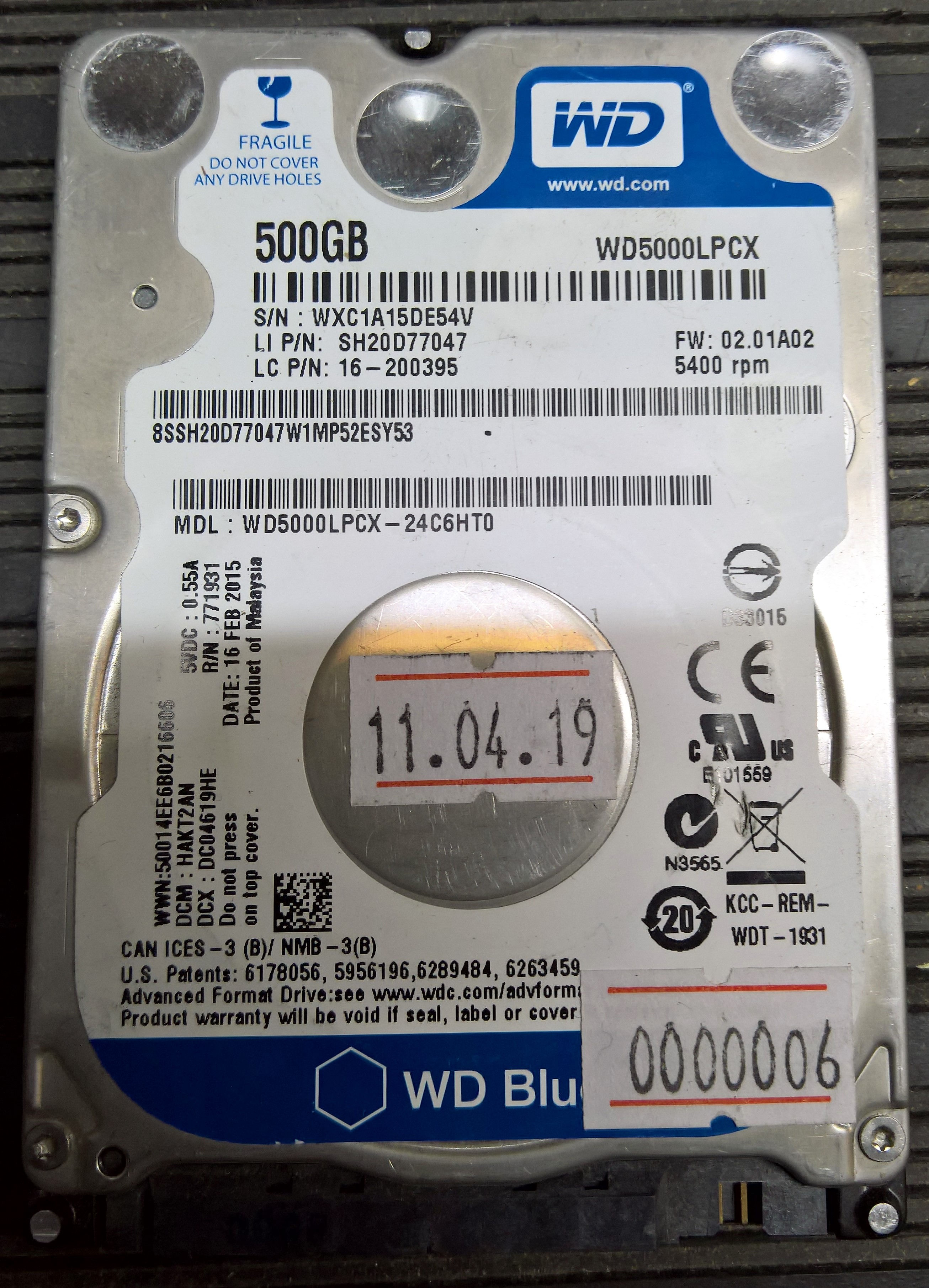 Disco Rigido 500GB Sata 2.5 Western Digital - Re-acondicionado