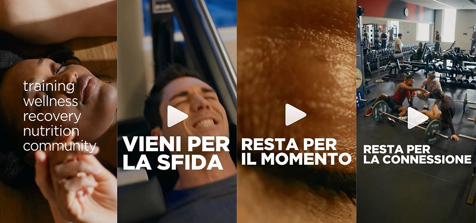 Donna rilassata durante una sessione di recovery, atleta impegnato in allenamento e gruppo che si allena in palestra. L'immagine rappresenta l'evoluzione del fitness moderno, che integra training, wellness, recupero, nutrizione e senso di community.