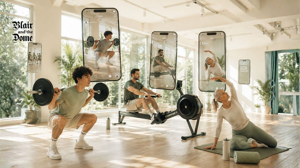 Persone che si allenano in palestra mentre contenuti fitness vengono mostrati su grandi schermi che simulano i social media. L'immagine rappresenta l'impatto della digitalizzazione e della comunicazione online sull'evoluzione del settore fitness e wellness.
