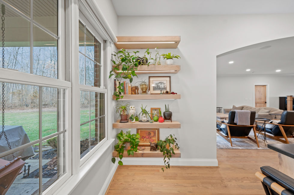 Floating shelves with plants and decorative items.