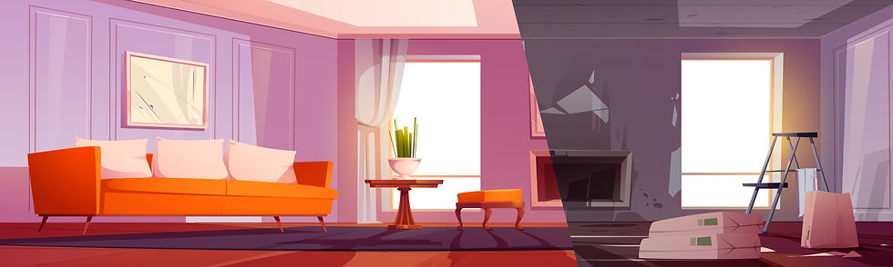 a animated picture of before and after of a living room