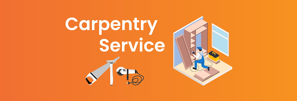 carpentry service is written and next to it is a 3d vector of a male worker doing carpentry in a room and there is a vector of a saw and a hammer