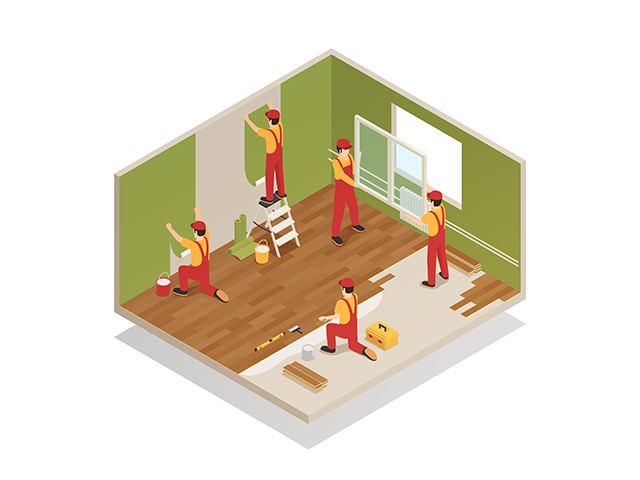 3d vector of men workers doing floor installation in a room.