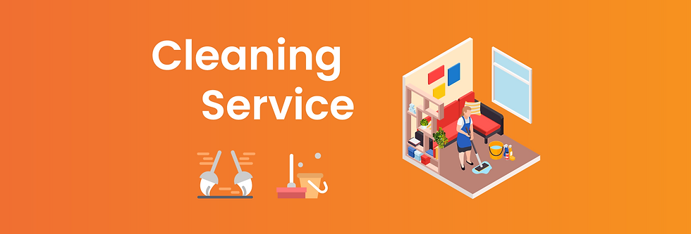 cleaning service is written and next to there is a 3d vector of a living room being cleaned by a female worker and there 2 vectors of mops