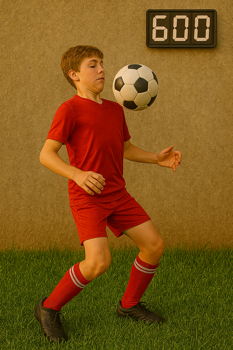 A youth soccer player in a red uniform practicing wall ball by juggling a soccer ball against a wall, with a digital scoreboard showing 600.