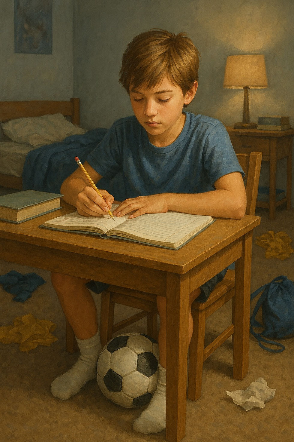 Young boy sitting at a desk doing homework with a soccer ball under the table — representing the homework vs soccer practice dilemma for kids.