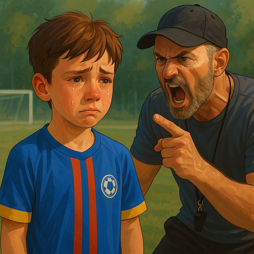 A youth soccer coach angrily yelling at a crying child player on the field, illustrating the emotional impact of harsh coaching behavior.