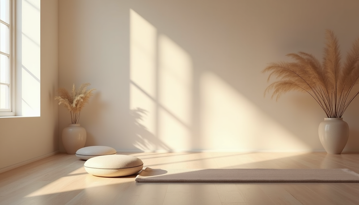 Eye-level view of a serene yoga studio with soft natural light and meditation cushions arranged neatly
