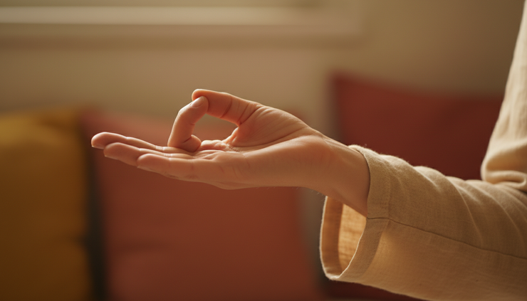 Close-up view of a hand forming Vishnu mudra for Nadi Shodhana.
