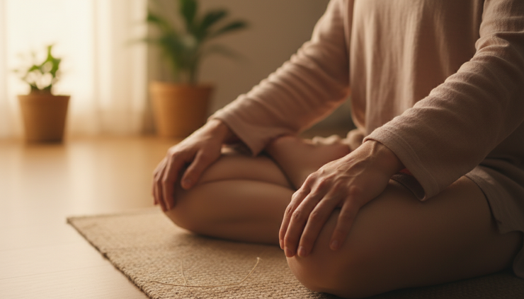 Close-up view of relaxed hands resting on knees during a seated breathing practice.