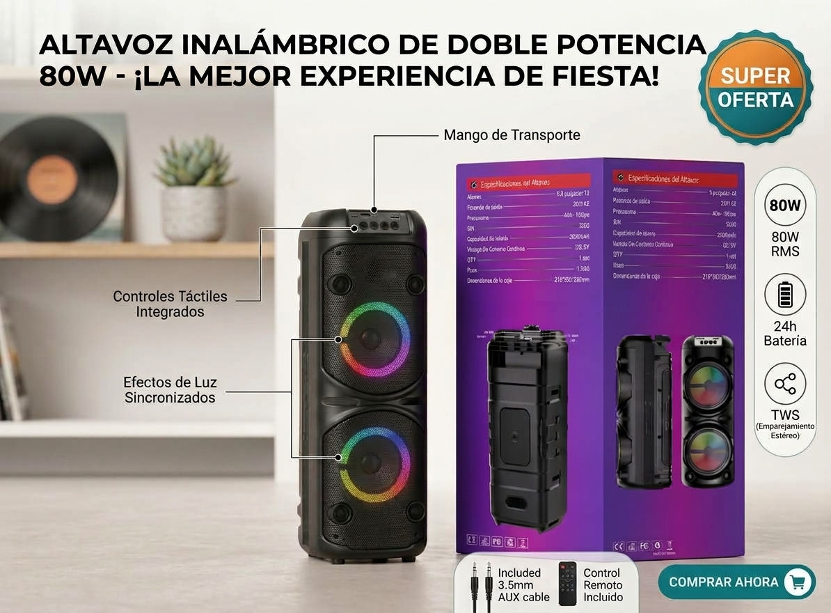 Torre de Sonido Portátil Bluetooth 20W con Doble Woofer, Luces LED RGB y Batería