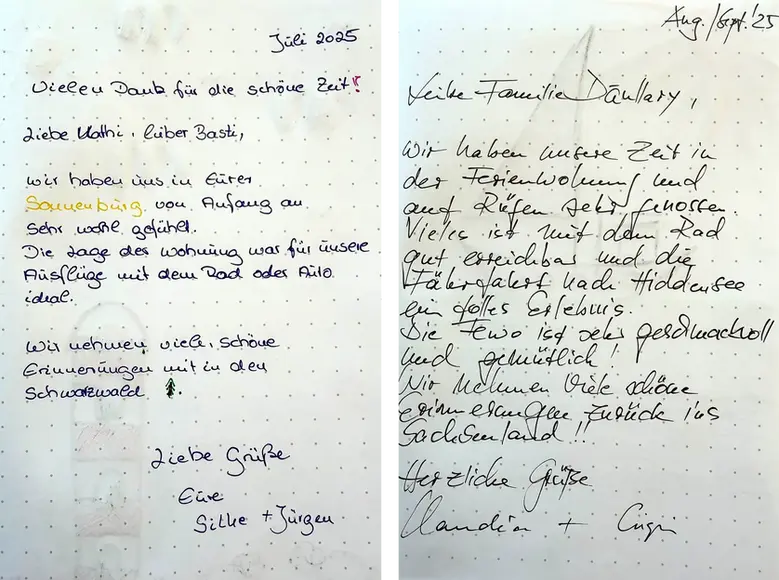 Handschriftliche Gästebucheinträge aus Sassnitz auf Rügen.