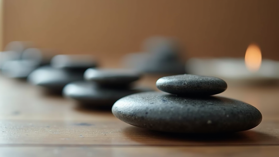 Close-up view of smooth stones arranged for hot stone massage therapy