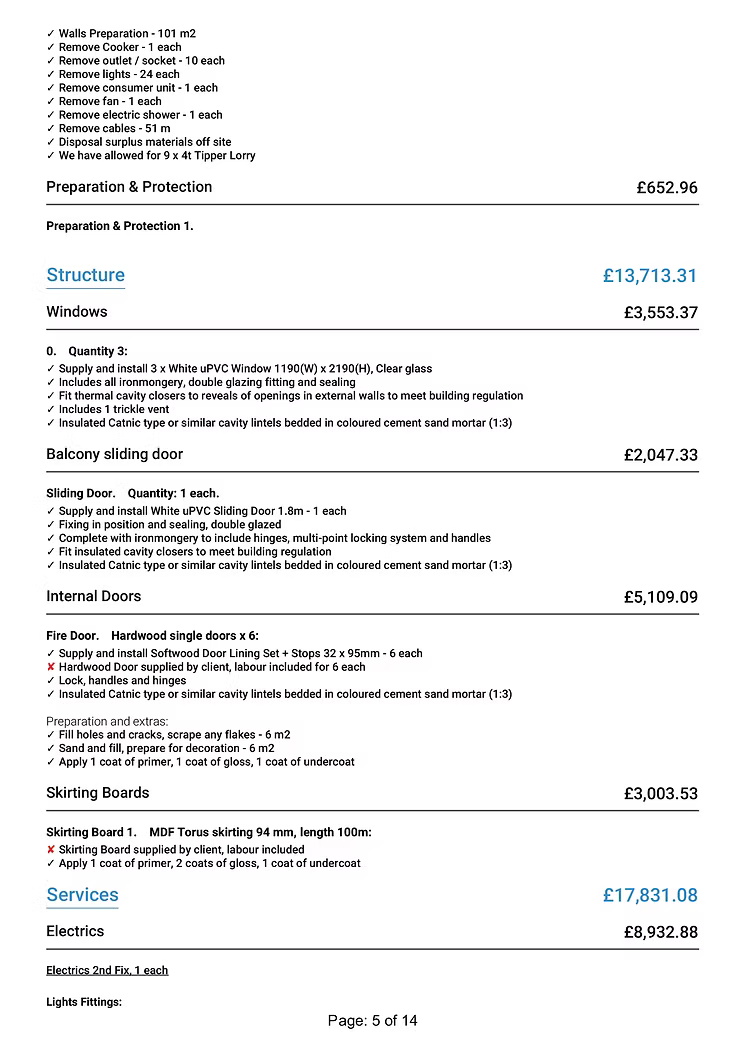 Builder quotation breakdown showing structural work, windows, doors and electrical installation costs