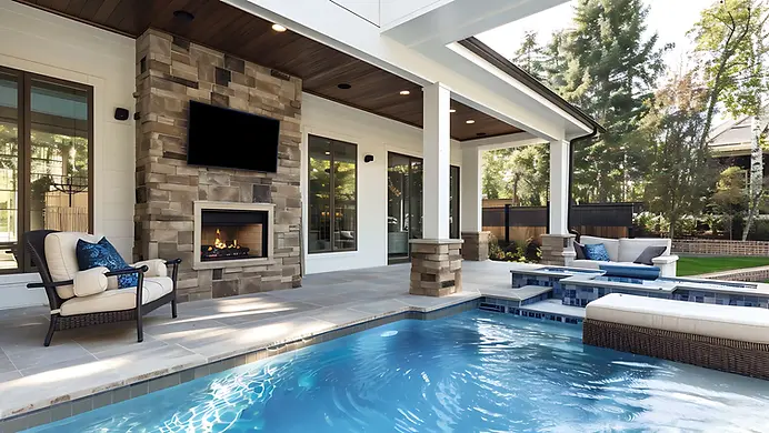 Outdoor living space with architectural lighting, stone fireplace, and pool design by LIGHT Denver in collaboration with trade professionals
